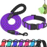 Dynmeow Reflective Dog Collar and Leash Set, 6FT Strong Climbing Rope Leash with Padded Handle, Adjustable Pet Collar with Soft Neoprene Padding for Medium Large Dogs, Purple, M