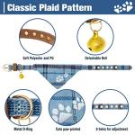 EXPAWLORER Puppy Collar and Leash Set - Embroidery Pawprints Plaid Dog Collar and Dog Leash Set, Bow Tie and Bandana Dog Collar with Bell, Cute Collar and Leash for Dogs Cats Outdoor Walking, Blue S