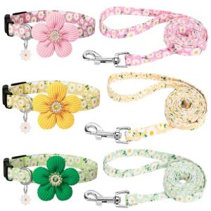 3 Pack Dog Collar and Leash Set, Puppy Collar and Leash Adjustable Floral Dog Collars for Small Dogs Soft Pet Collar for Puppy Small Dogs (Green,Pink,Yellow)