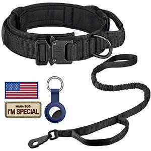 DAGANXI Tactical Dog Collar Leash Set, Adjustable Military Training Nylon Dog Collar with Controll Handle and Heavy Metal Buckle for Medium and Large Dogs，with Patches and Airtags Case (L, Black-Set)