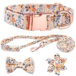 HSIGIO Dog Collar and Leash Set Girls Adjustable Puppy Collars with Floral Bow Tie for Small Medium Large Female Dogs, Orange Flower, XS