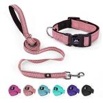 NESTROAD Reflective Dog Collar and Leash Set,Soft Neoprene Pet Collar with Quick Release Buckle,Adjustable Nylon Dog Collars for Small Medium Large Dogs(Medium Collar + 5FT Leash,Pink)