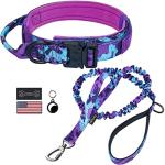 Hotsky Tactical Dog Collar and Leash Set, Heavy Duty Military Airtag Dog Collar with Handle and Metal Buckle for Training and Walking, with Airtag Holder and Two Patches (Purple Camo, M)