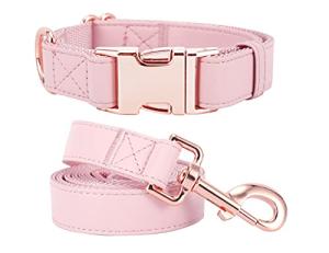 Dog Collar and Leash Set.Soft and Easy to Clean Vegan Leather with Rose Gold Metal Buckle for Small Medium Large Dogs (Pink, L(15.4”-24.8“)