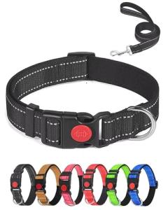 Aeclleca Reflective Dog Collar and Leash Set with Safety Locking Buckle，Adjustable Soft Nylon Pet Collars for Small Medium Dogs (Black, S)