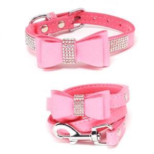 Dazzling Rhinestone Dog Collar with Soft Fabric and Crystal Bow Tie - Elegant and Glamorous Puppy Collars for Small Dogs with Leash in Pink XS