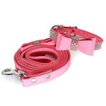 Dazzling Rhinestone Dog Collar with Soft Fabric and Crystal Bow Tie - Elegant and Glamorous Puppy Collars for Small Dogs with Leash in Pink XS