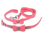 Dazzling Rhinestone Dog Collar with Soft Fabric and Crystal Bow Tie - Elegant and Glamorous Puppy Collars for Small Dogs with Leash in Pink XS