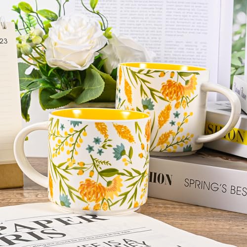 Vintage Yellow Ceramic Coffee Mugs - 2 Pack