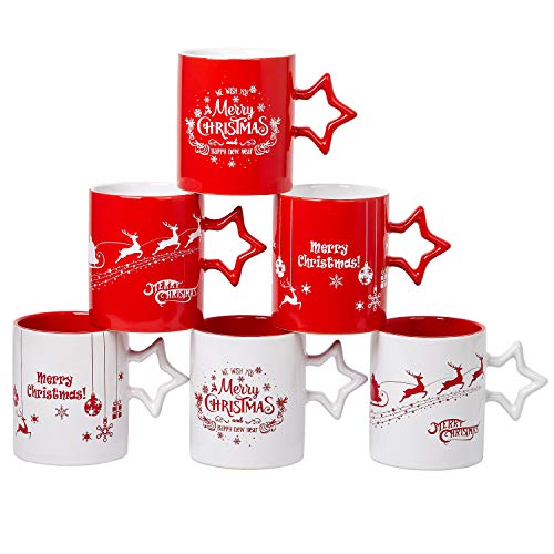 Set of 6 Holiday Coffee Mugs with Snowflake Handles