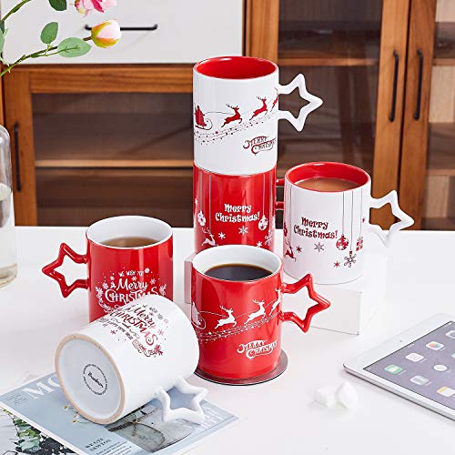 Set of 6 Holiday Coffee Mugs with Snowflake Handles