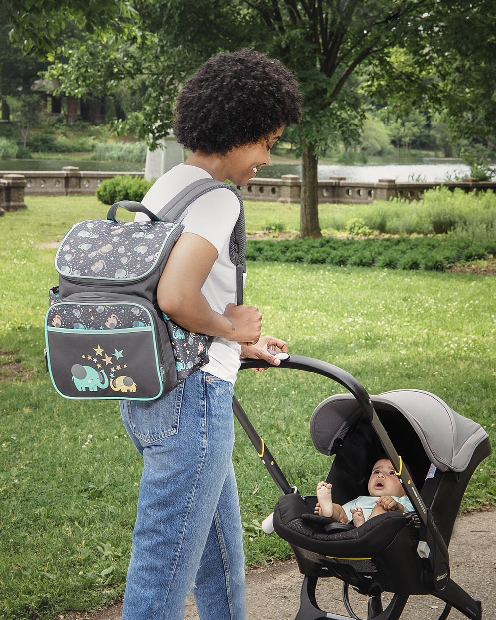 Gray Backpack Diaper Bag with Changing Pad and Pockets