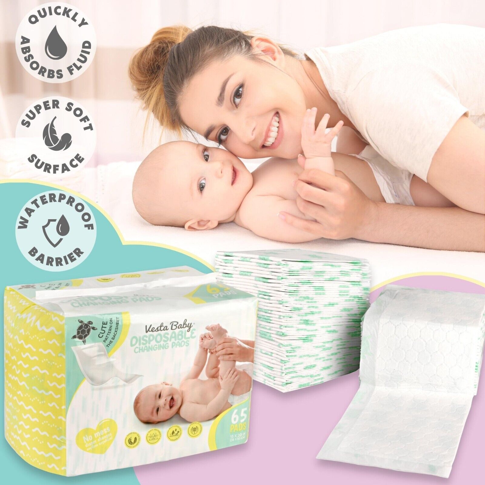 Vesta Baby Disposable Waterproof Changing Pads - 65 Count
