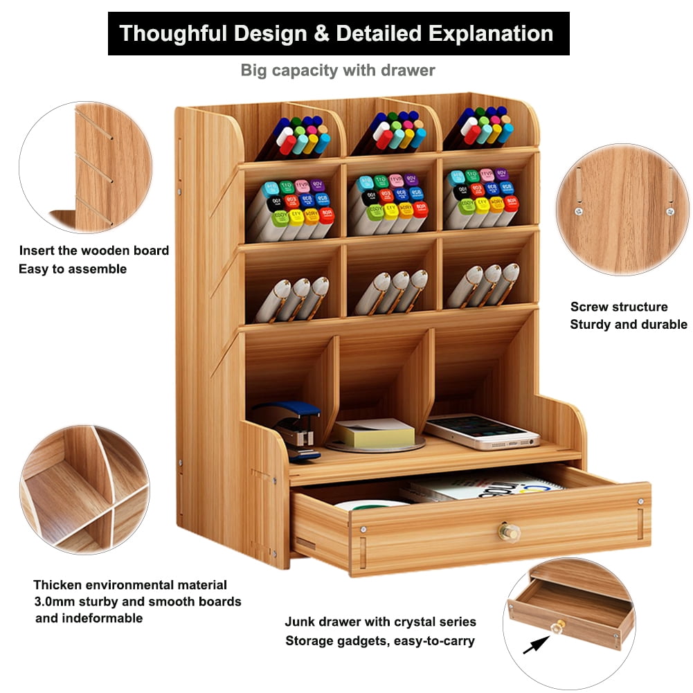 Multi-Functional Wooden Desk Pen Organizer