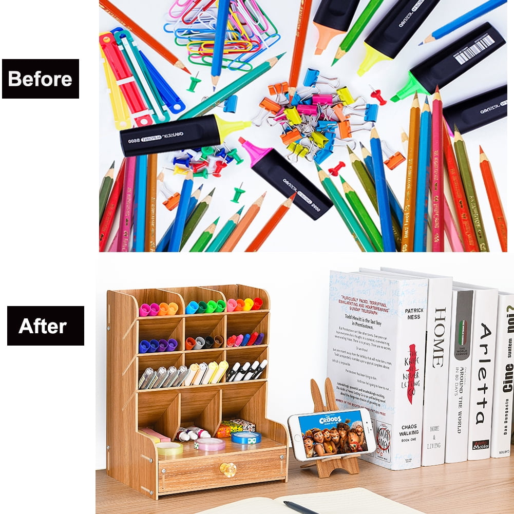 Multi-Functional Wooden Desk Pen Organizer