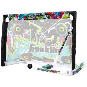 Franklin Sports NHL Kids Mini Hockey Set - Includes (1) Knee Hockey Goal, (2) Mini Sticks + (2) Foam Balls - Indoor Toy Youth Goal + Sticks Set - Graffiti