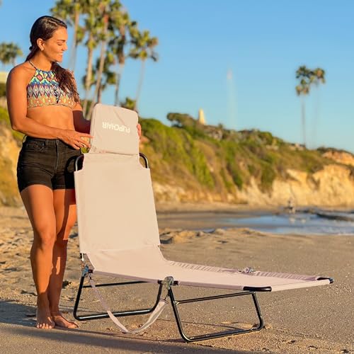 Tan Polyester Pool Chaise Lounge with Reclining Backrest