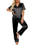 Ekouaer Silk Satin Pajamas Set Women Short Sleeve Sleepwear Soft Button Down Loungewear Pjs Set Black Large