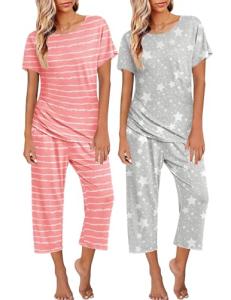 Ekouaer 2 Pack Womens Pajamas Sets Short Sleeve Tops and Capri Pants Pjs Colorful Printed Sleepwear Sets Pink Stripe Grey Stars L