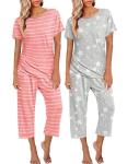 Ekouaer 2 Pack Womens Pajamas Sets Short Sleeve Tops and Capri Pants Pjs Colorful Printed Sleepwear Sets Pink Stripe Grey Stars L