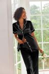 Ekouaer Silk Satin Pajamas Set Women Short Sleeve Sleepwear Soft Button Down Loungewear Pjs Set Black Large