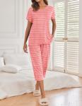 Ekouaer 2 Pack Womens Pajamas Sets Short Sleeve Tops and Capri Pants Pjs Colorful Printed Sleepwear Sets Pink Stripe Grey Stars L