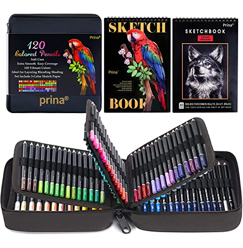 PRINA 120-Color Colored Pencils Set with Sketchbook, Vibrant Artists