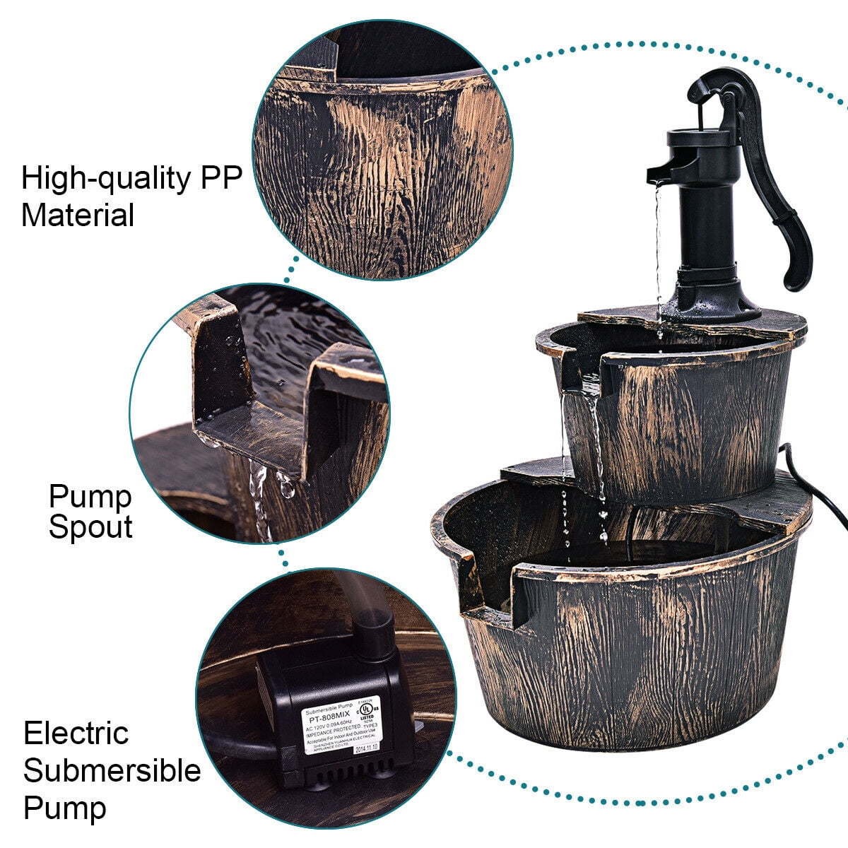 2-Tier Barrel Waterfall Fountain for Gardens