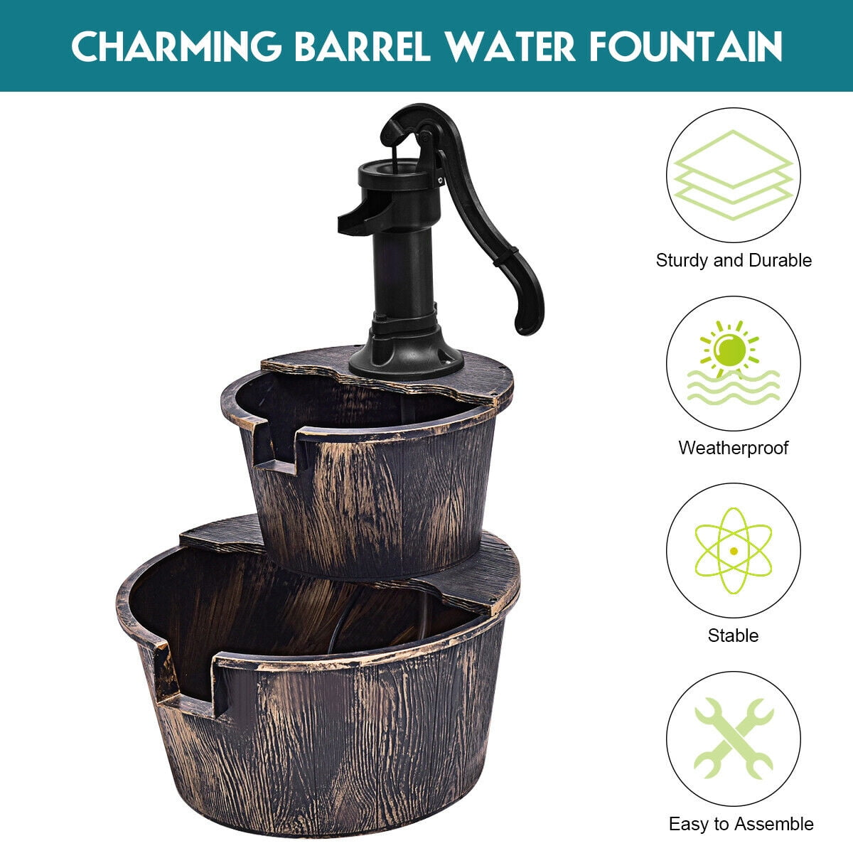 2-Tier Barrel Waterfall Fountain for Gardens