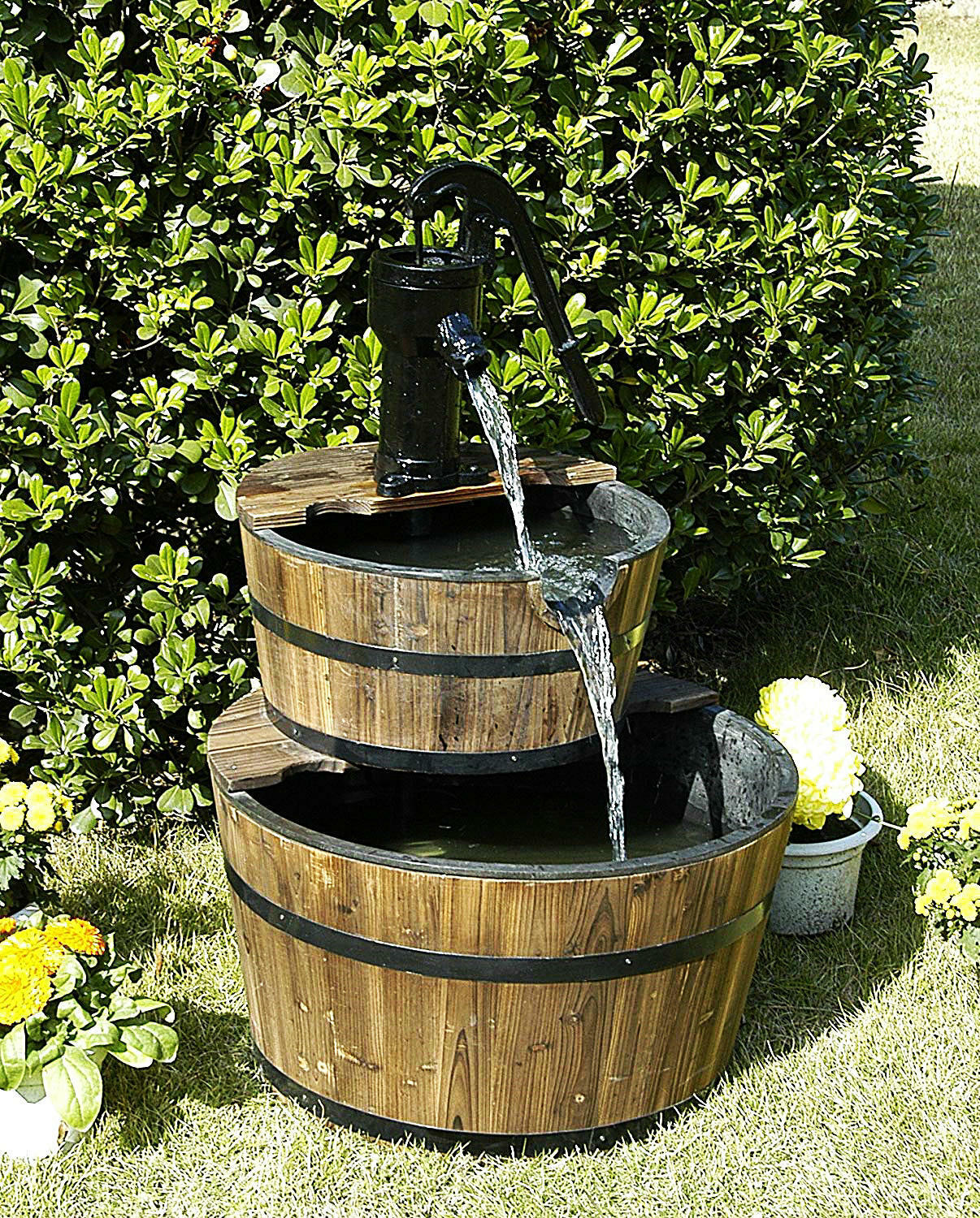 Large Wood Barrel Outdoor Water Fountain with Pump