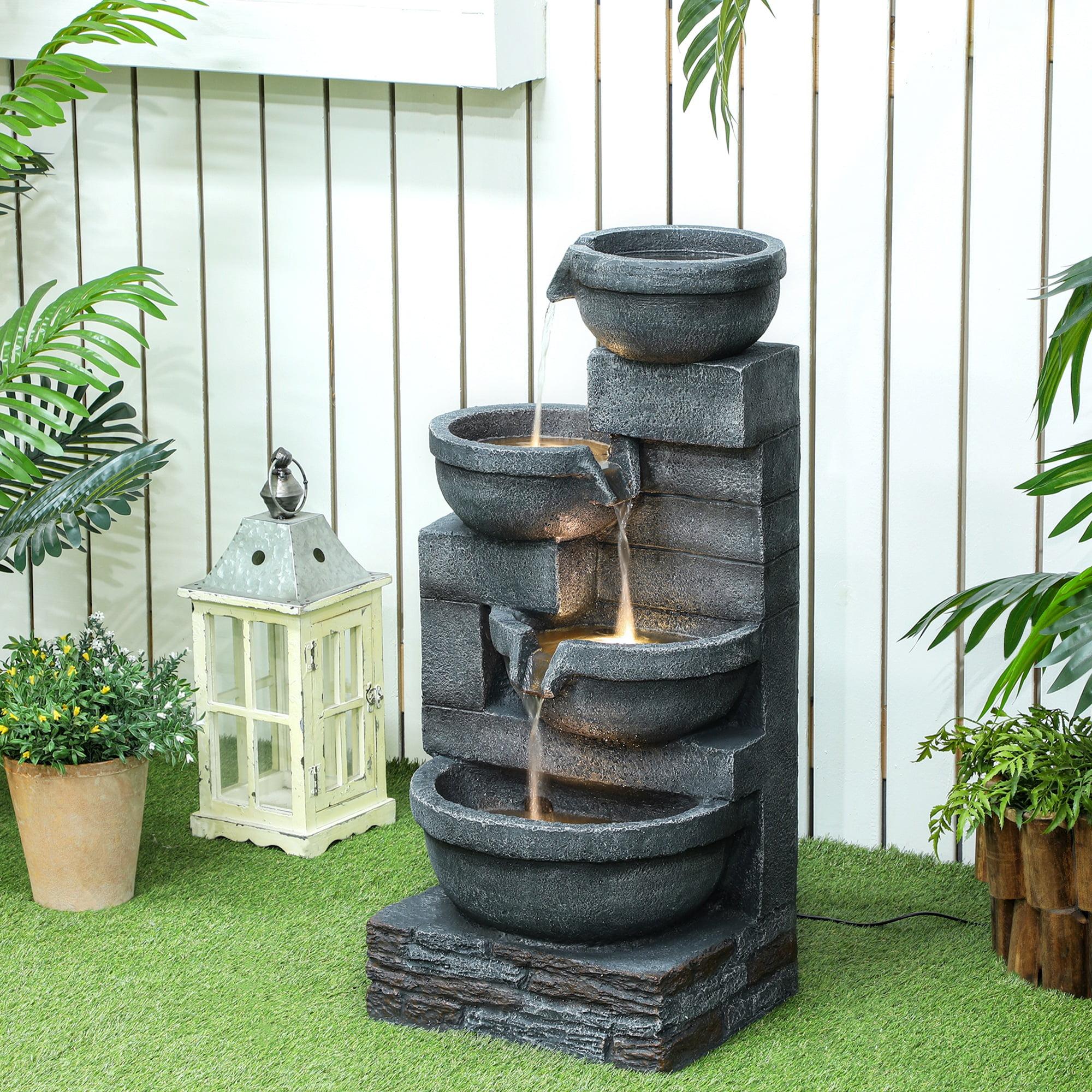 4-Tier Gray Outdoor Water Fountain with Lights