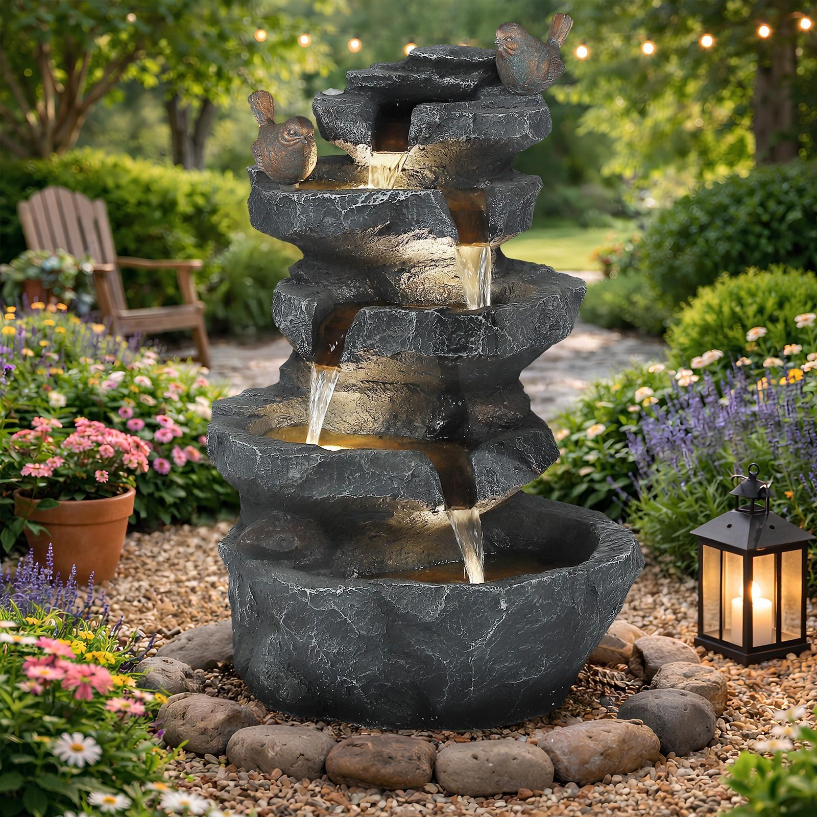 5-Tier Outdoor Waterfall Fountain with LED Lighting