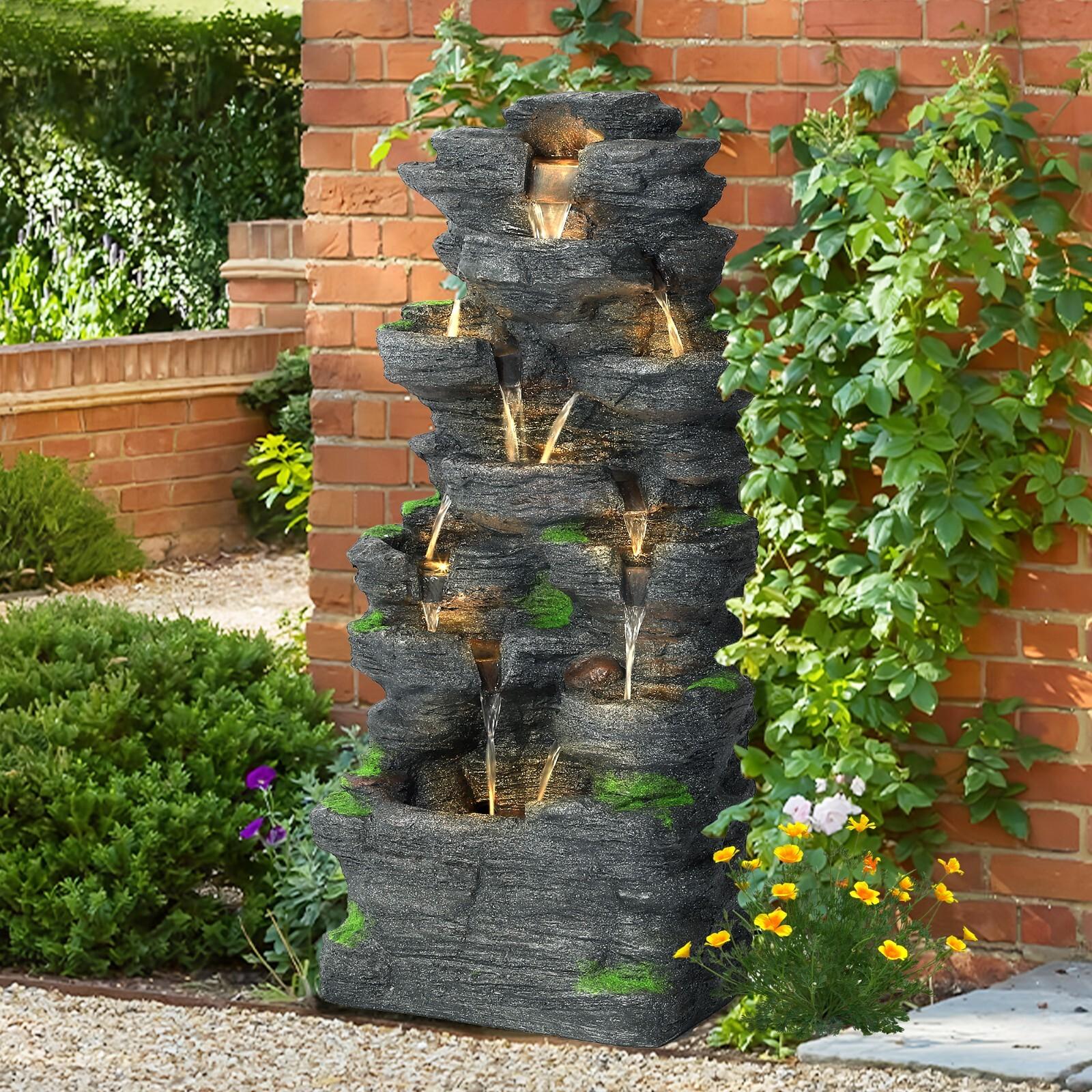 Cascading Rock Water Fountain with Lights 10-Tier