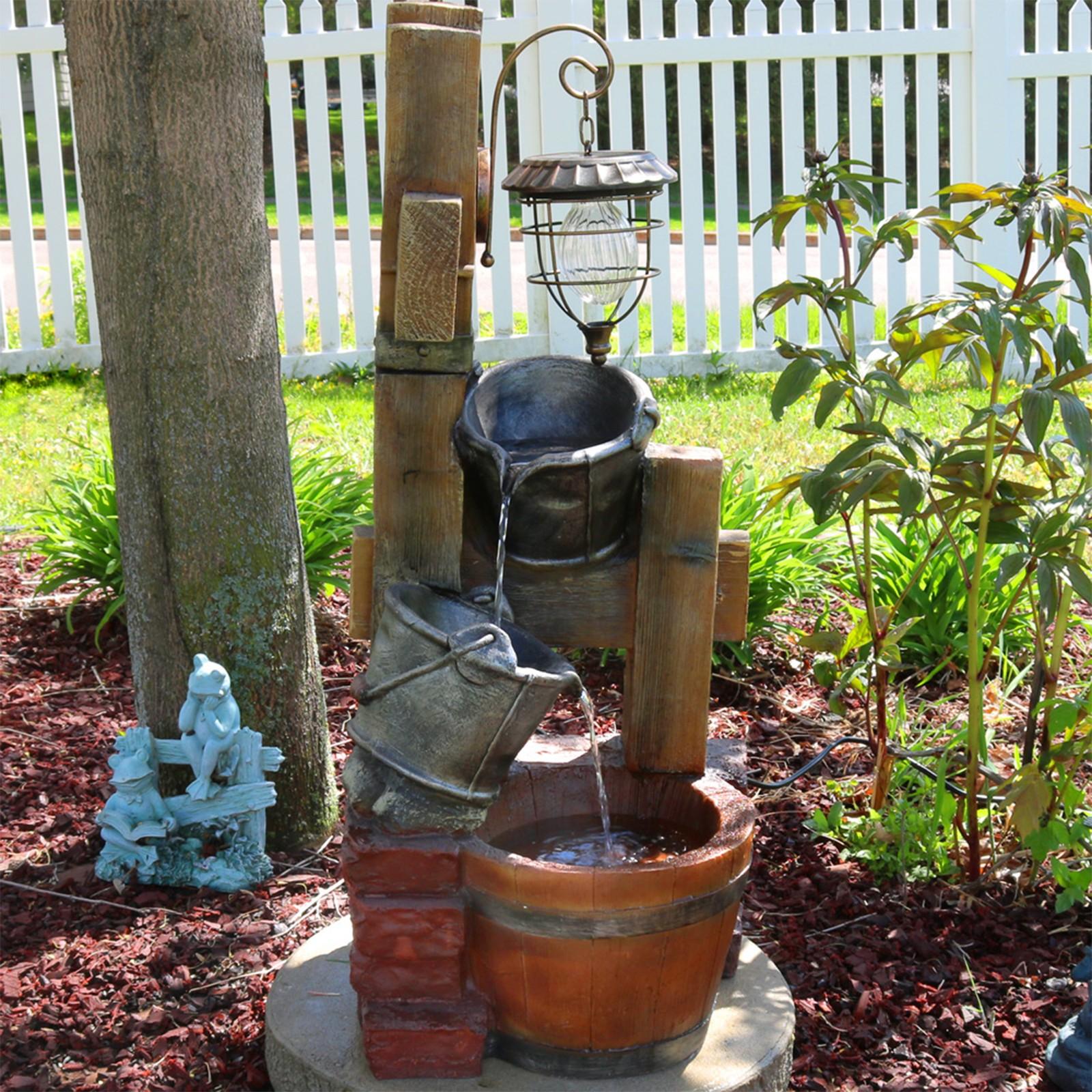 Rustic Bucket Water Fountain with Solar Lantern