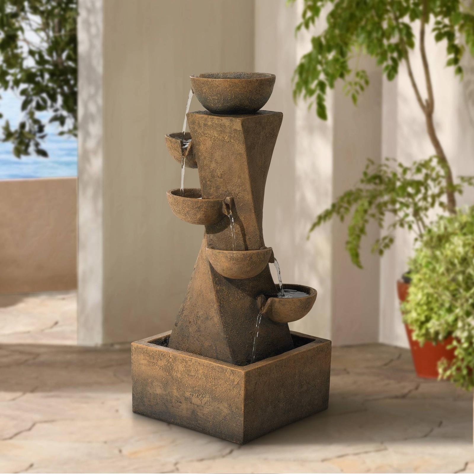 Rustic Cascading Bowls Outdoor Water Fountain with LED Light