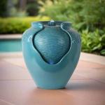 Teal Glazed Pot Outdoor Fountain with LED Lights