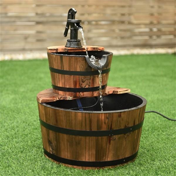 Rustic 2-Tier Barrel Water Fountain with Pump