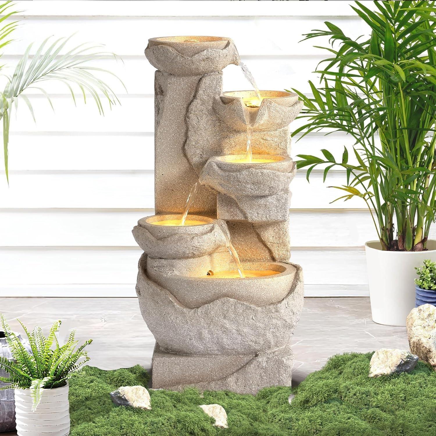 5-Tier Cascading Rock Water Fountain with LED