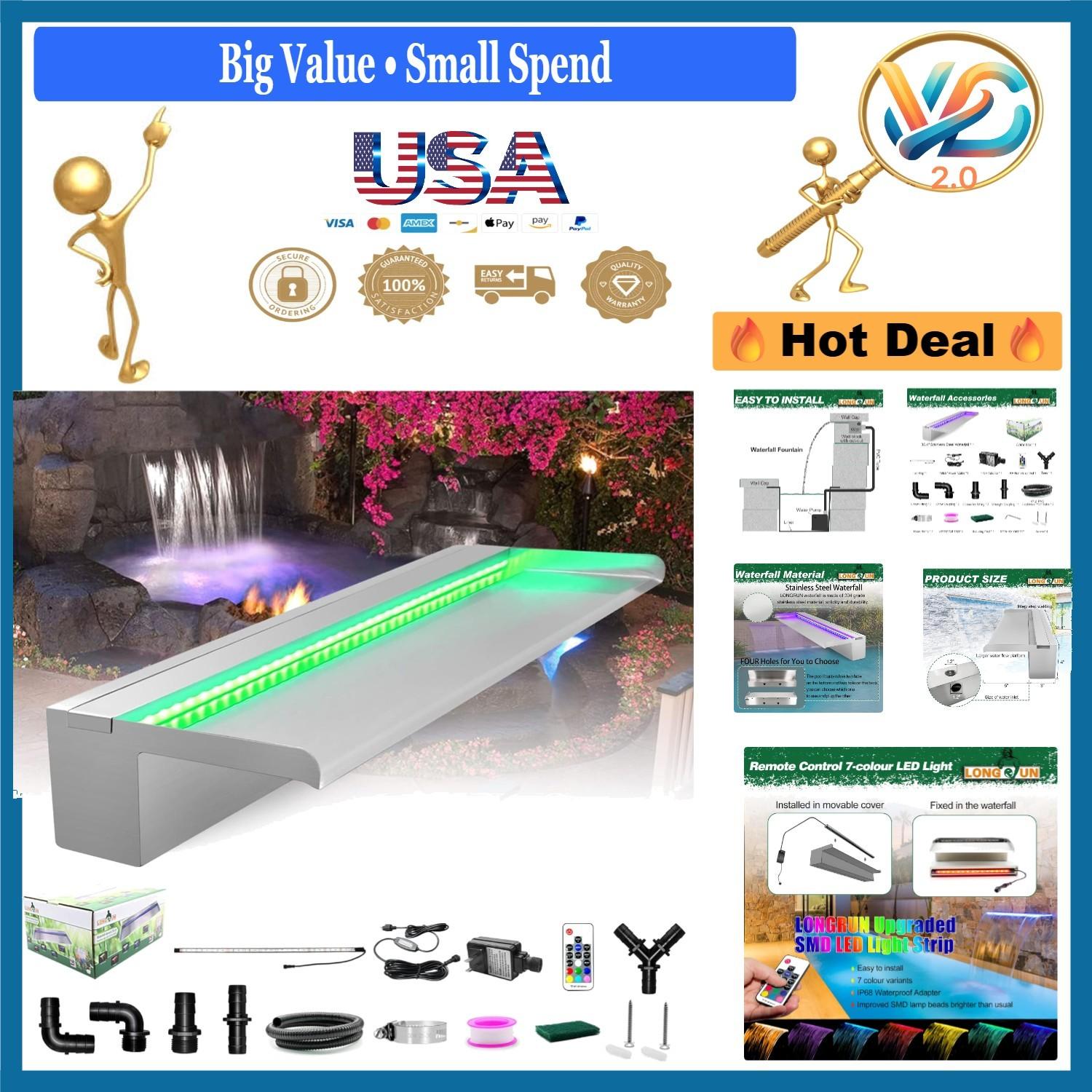 Stainless Steel LED Waterfall Fountain for Outdoors
