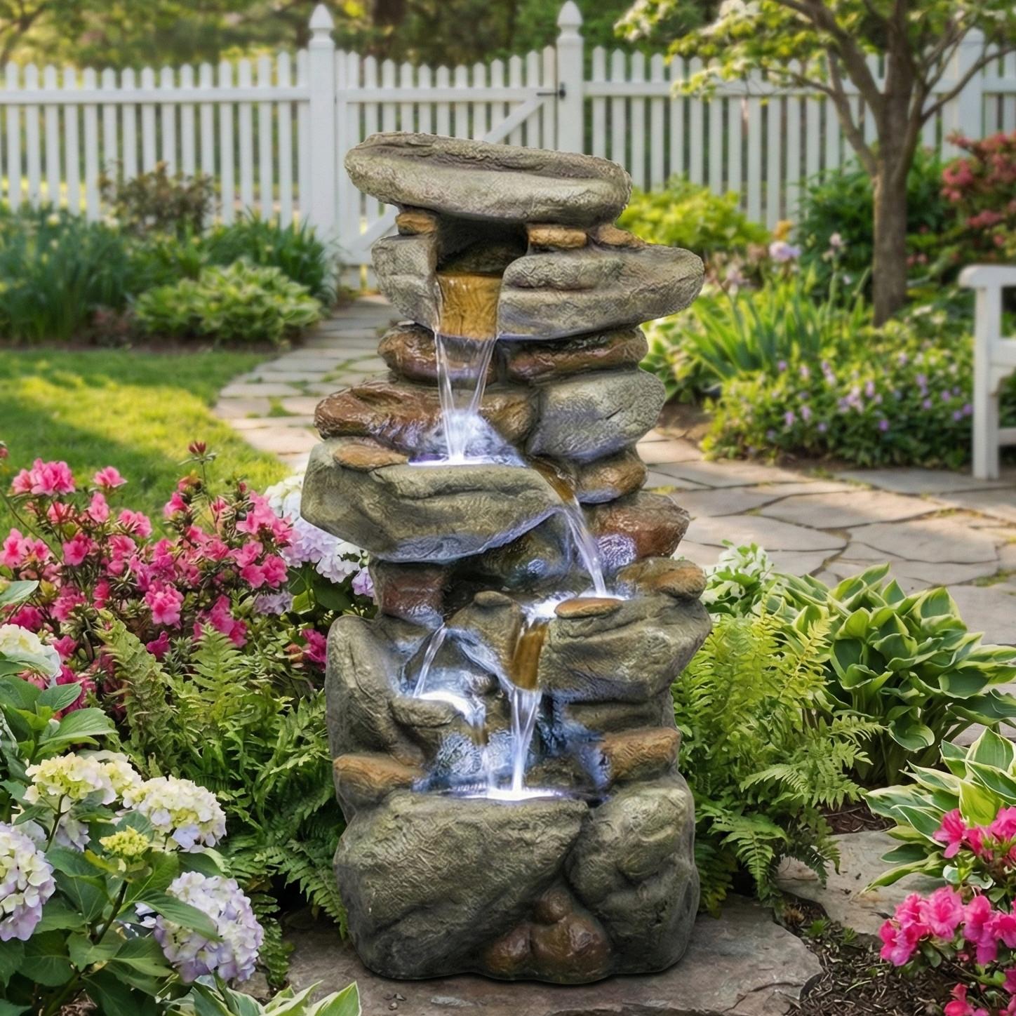 30'' Stone Outdoor Water Fountain with LED Light