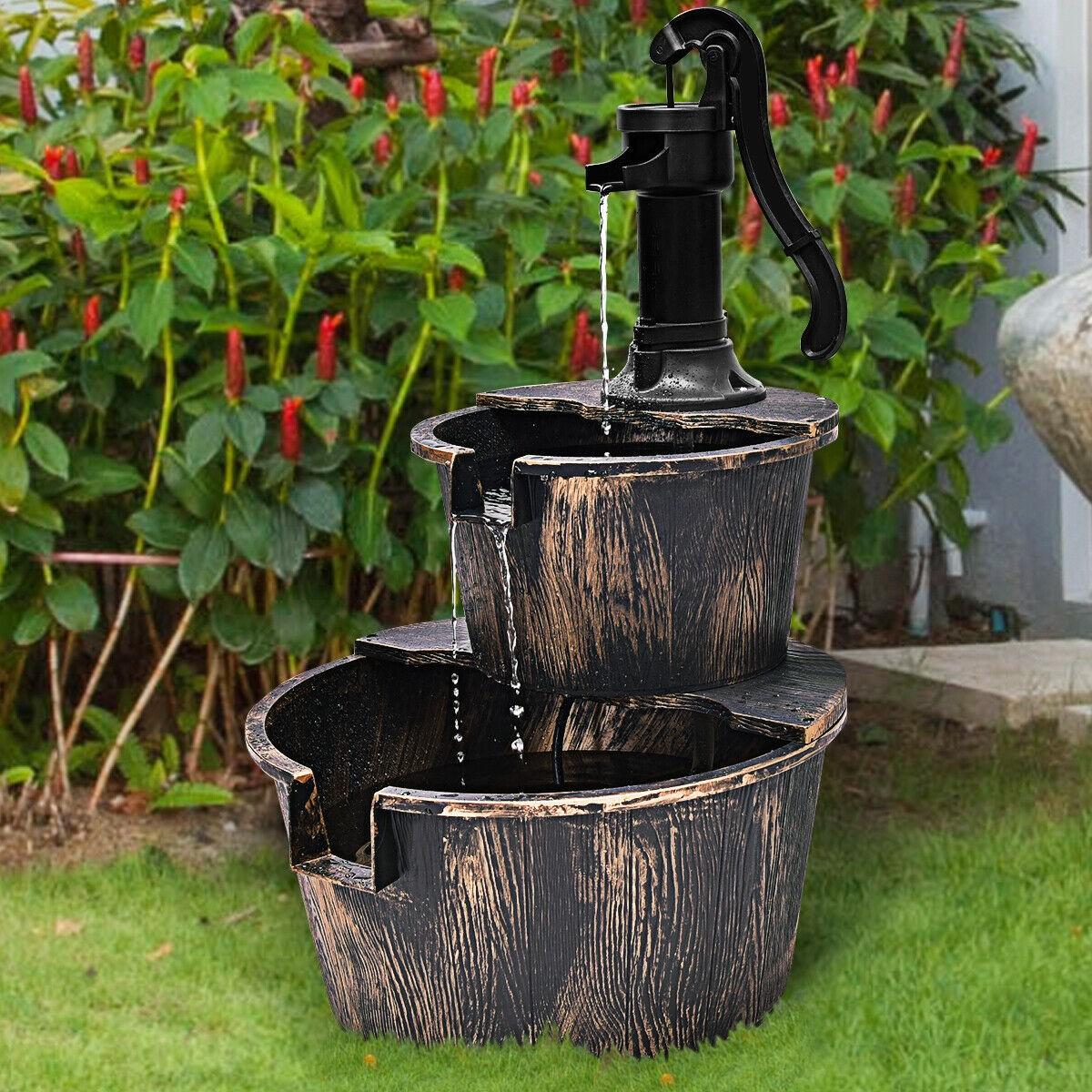 2-Tier Barrel Waterfall Fountain for Outdoor Garden