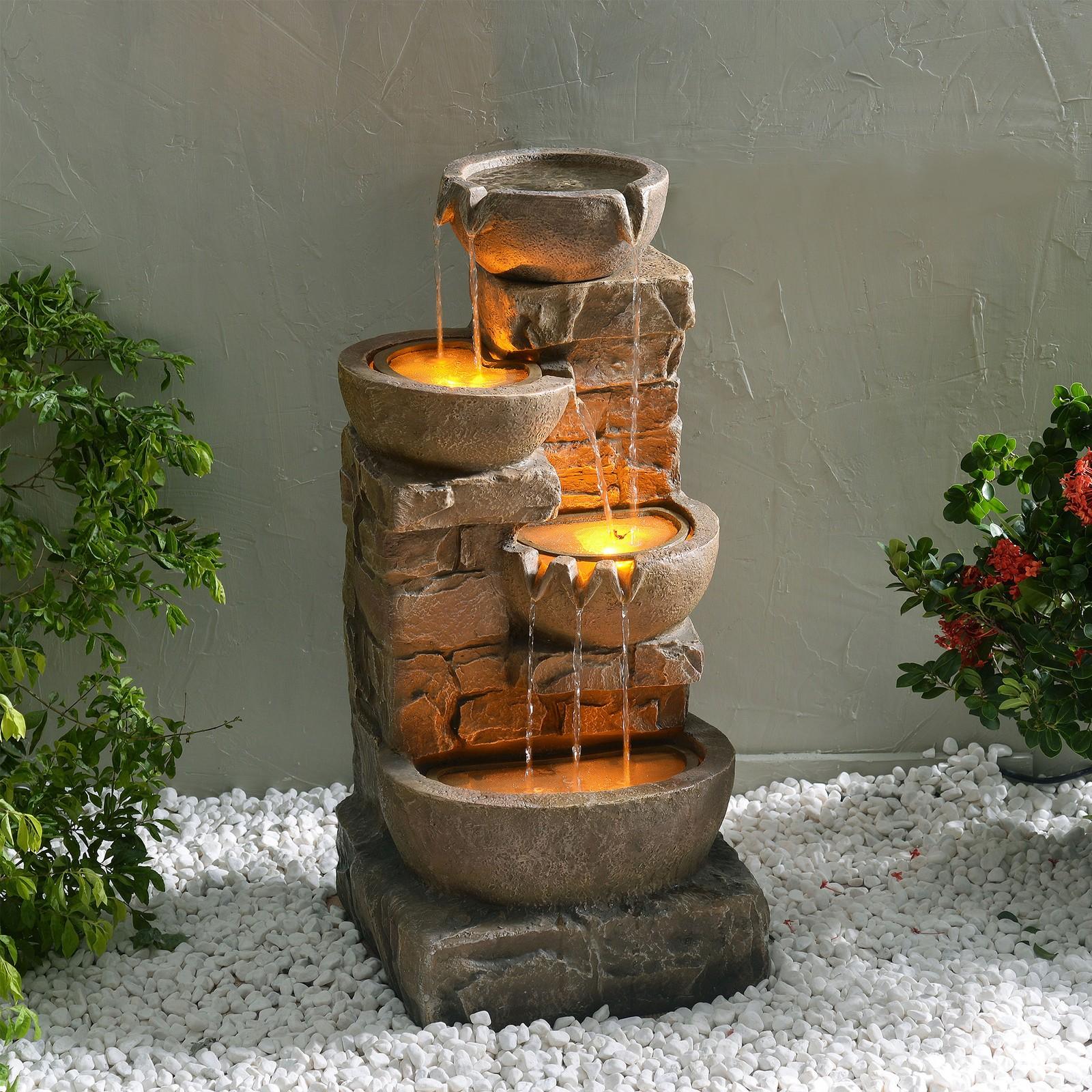 Outdoor Water Fountain with LED Lights, Cascading Bowls, Brown