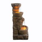 Outdoor Water Fountain with LED Lights, Cascading Bowls, Brown