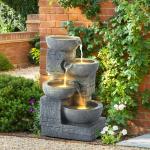 Outdoor Water Fountain with LED Lights, 4-Tier Bowl and Stacked Stones Fountain