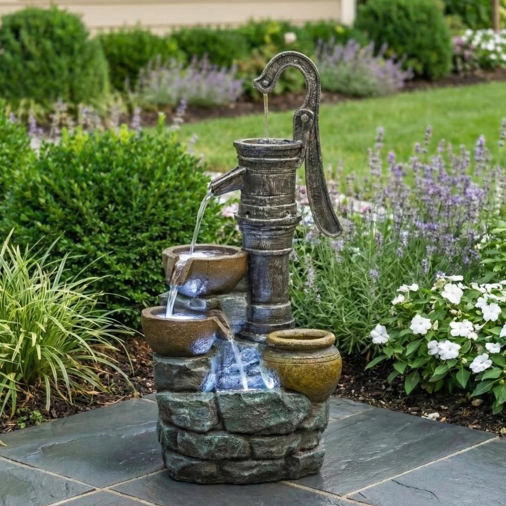 32" H Grey Resin Outdoor Water Fountain Vintage Pump Freestanding Water Feature