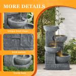 Outdoor Water Fountain with LED Lights, 4-Tier Bowl and Stacked Stones Fountain