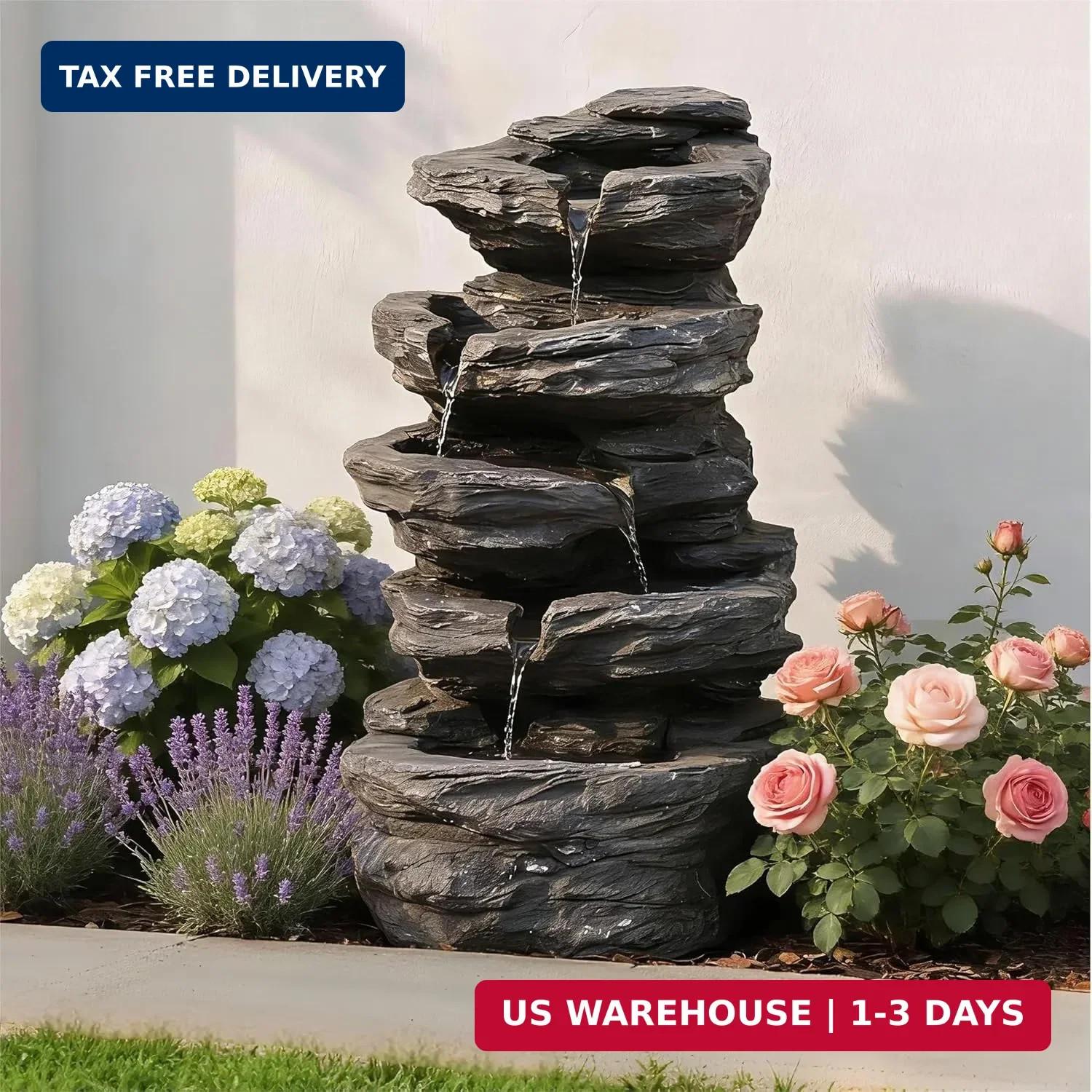20" Outdoor Water Fountain with Lights, 5-Tiered Cascading Rock Water Fountain, 