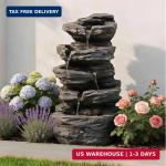 20" Outdoor Water Fountain with Lights, 5-Tiered Cascading Rock Water Fountain, 
