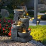 Outdoor Water Fountain with LED Lights, 4-Tier Bowl and Stacked Stones Fountain
