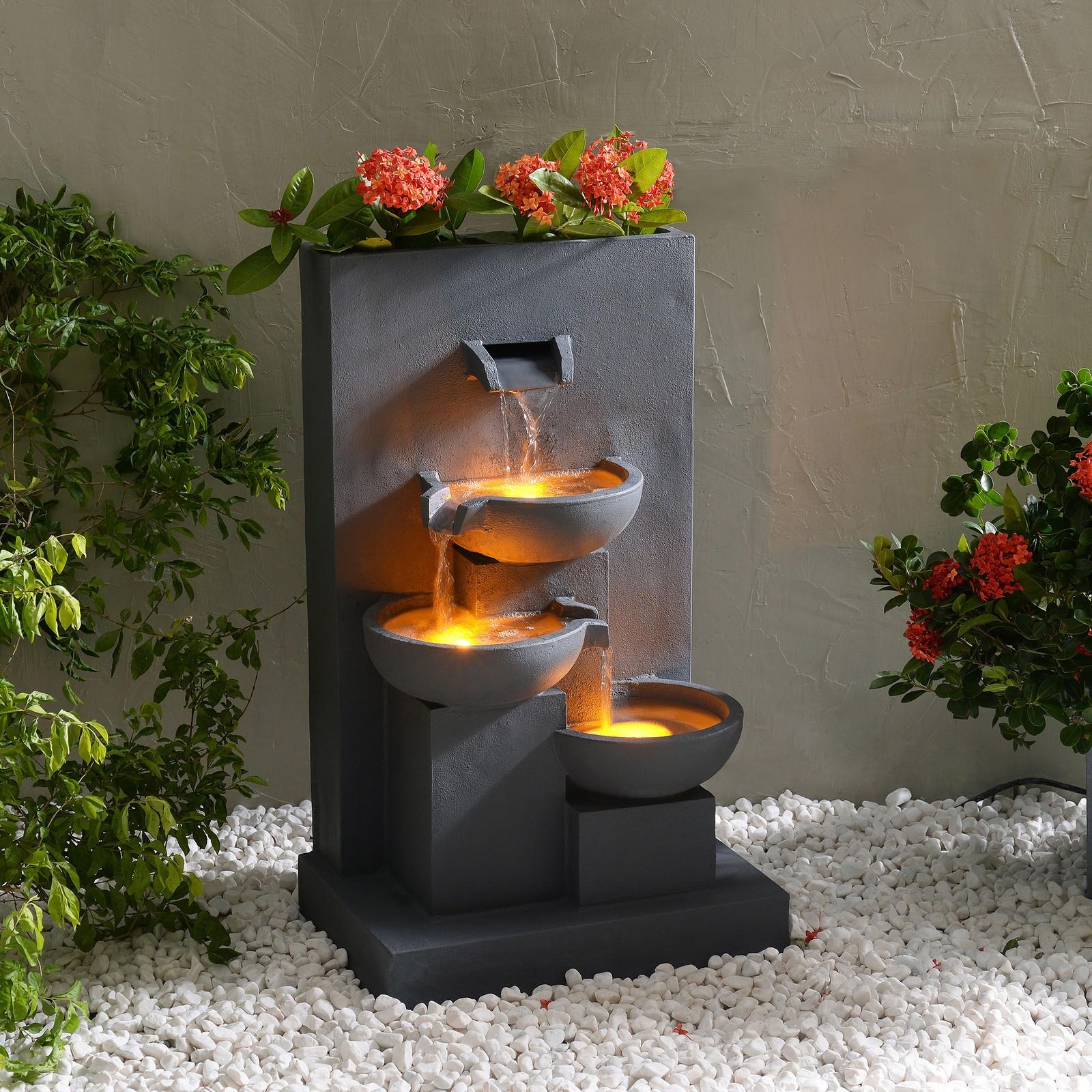 Outdoor Water Fountain with 3-Tiers, LED Lights, Planter, Matte Gray